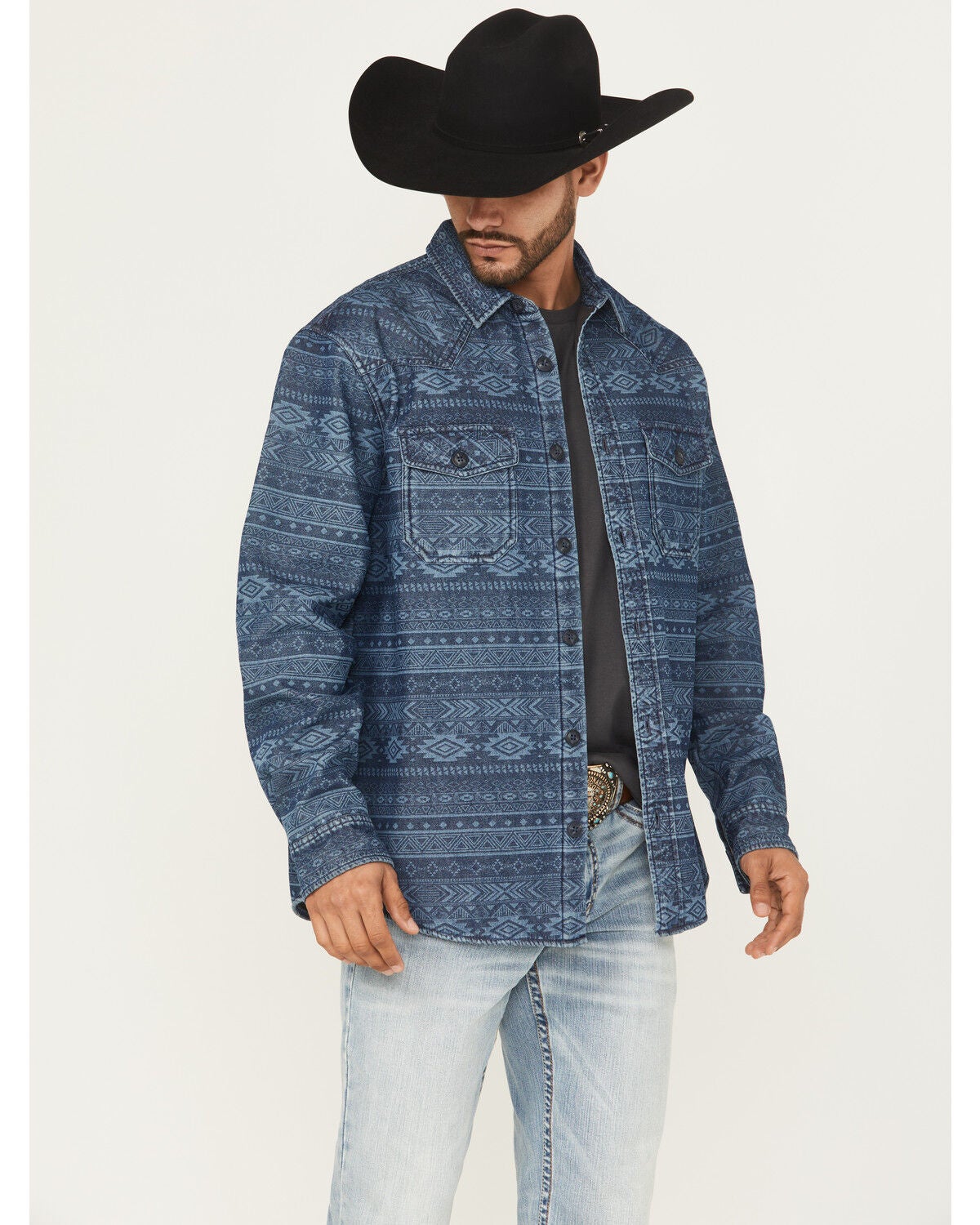 Image #1 - Cody James Men's Tonal Southwestern Print Fleece Lined Shirt Jacket, Indigo, hi-res