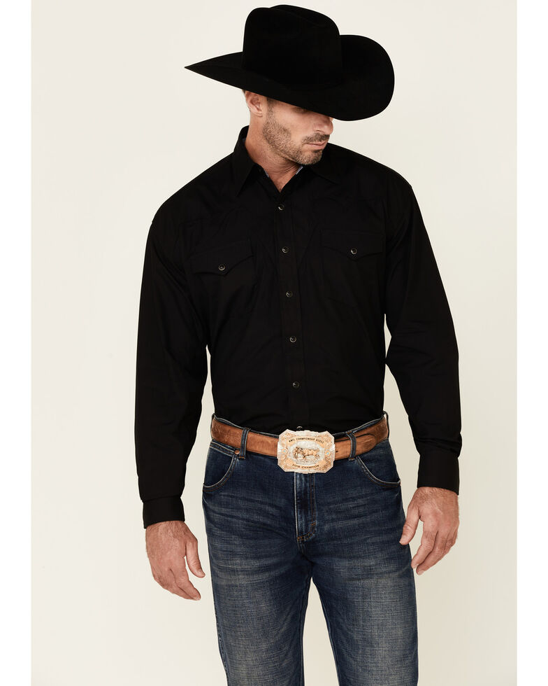 Stetson Men's Solid Black Peach Poplin Long Sleeve Snap Western Shirt , Black, hi-res