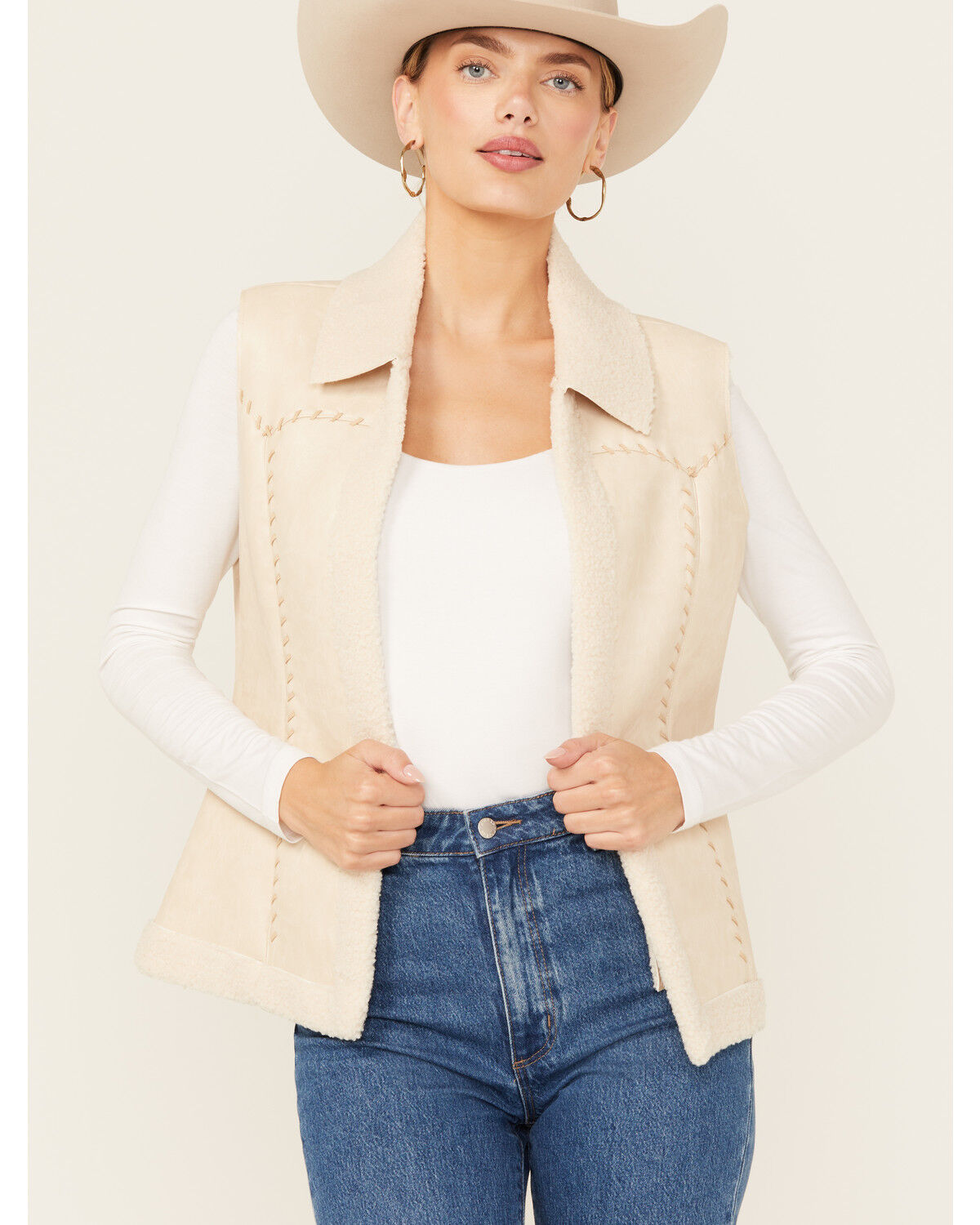 Image #2 - Cripple Creek Women's Shearling Faux Suede Vest, Cream, hi-res