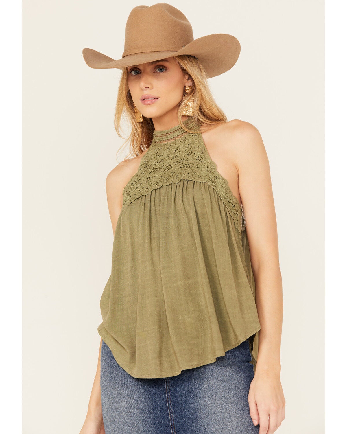 Eyeshadow Women's Battenburg Lace Tank, Olive, hi-res