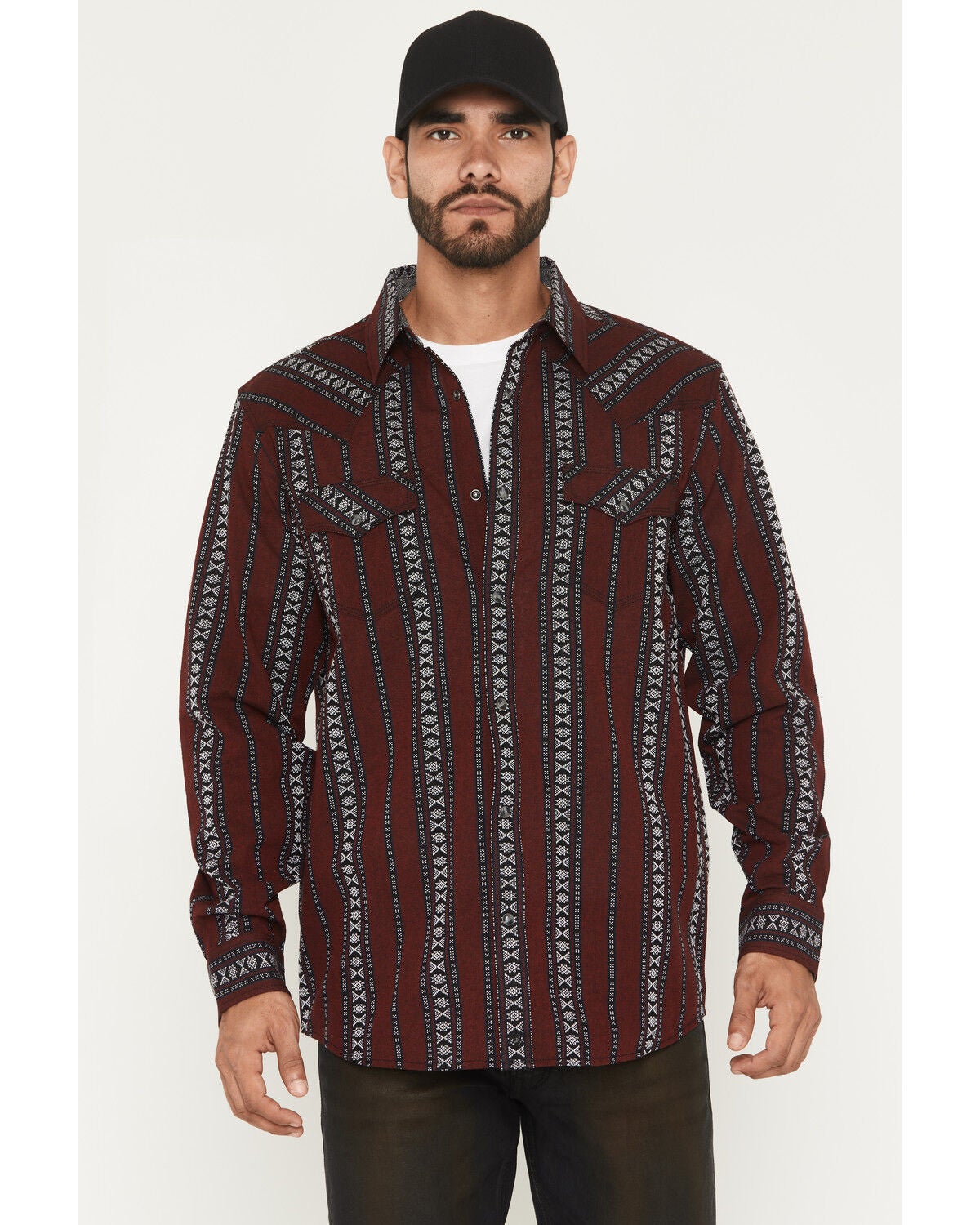 Image #1 - Moonshine Spirit&reg; Men's Guitar Strap Dobby Stripe Long Sleeve Snap Western Shirt, Burgundy, hi-res