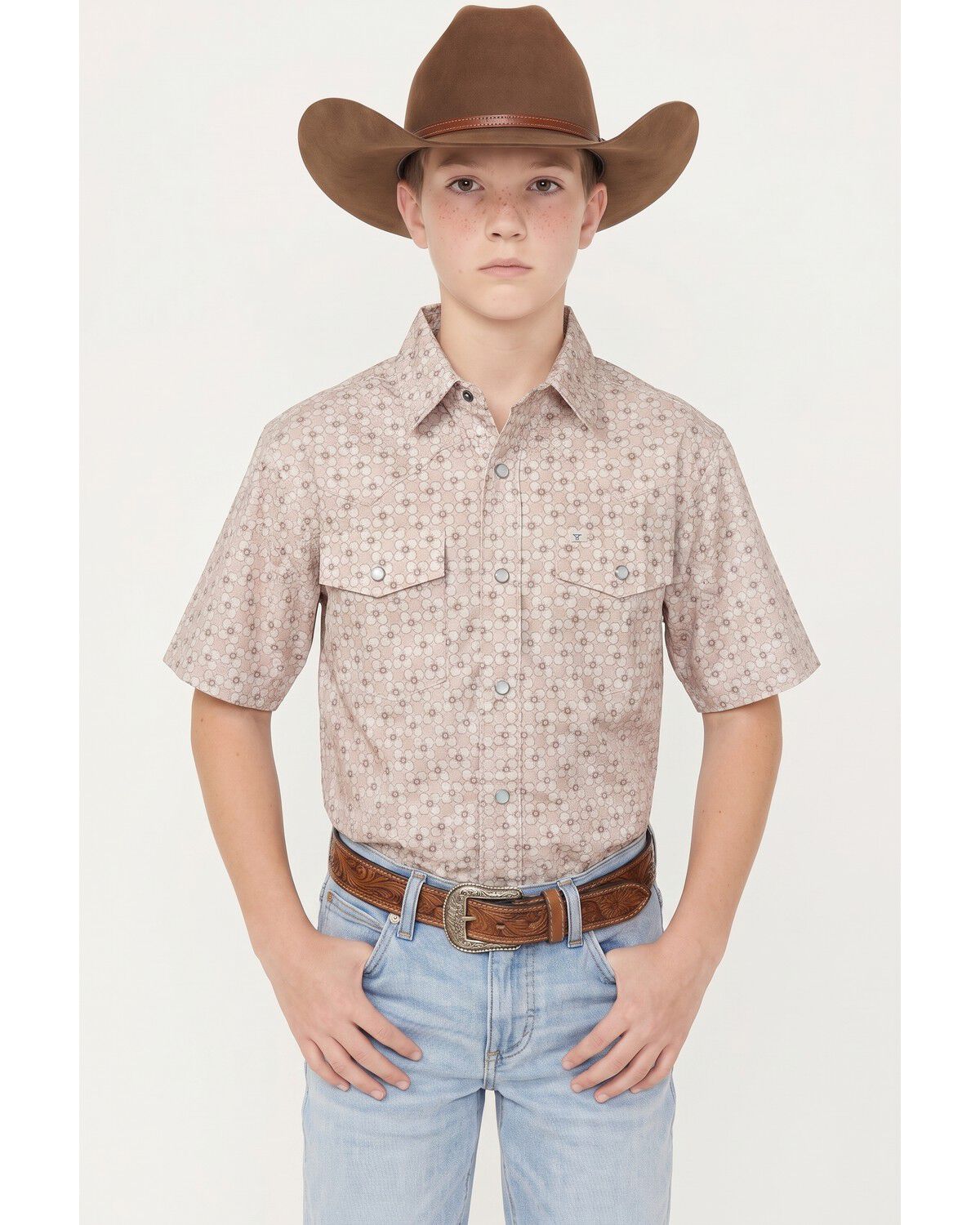 Ferrell Boys' Callen TEK Geo Print Short Sleeve Pearl Snap Stretch Western Shirt, Brown, hi-res