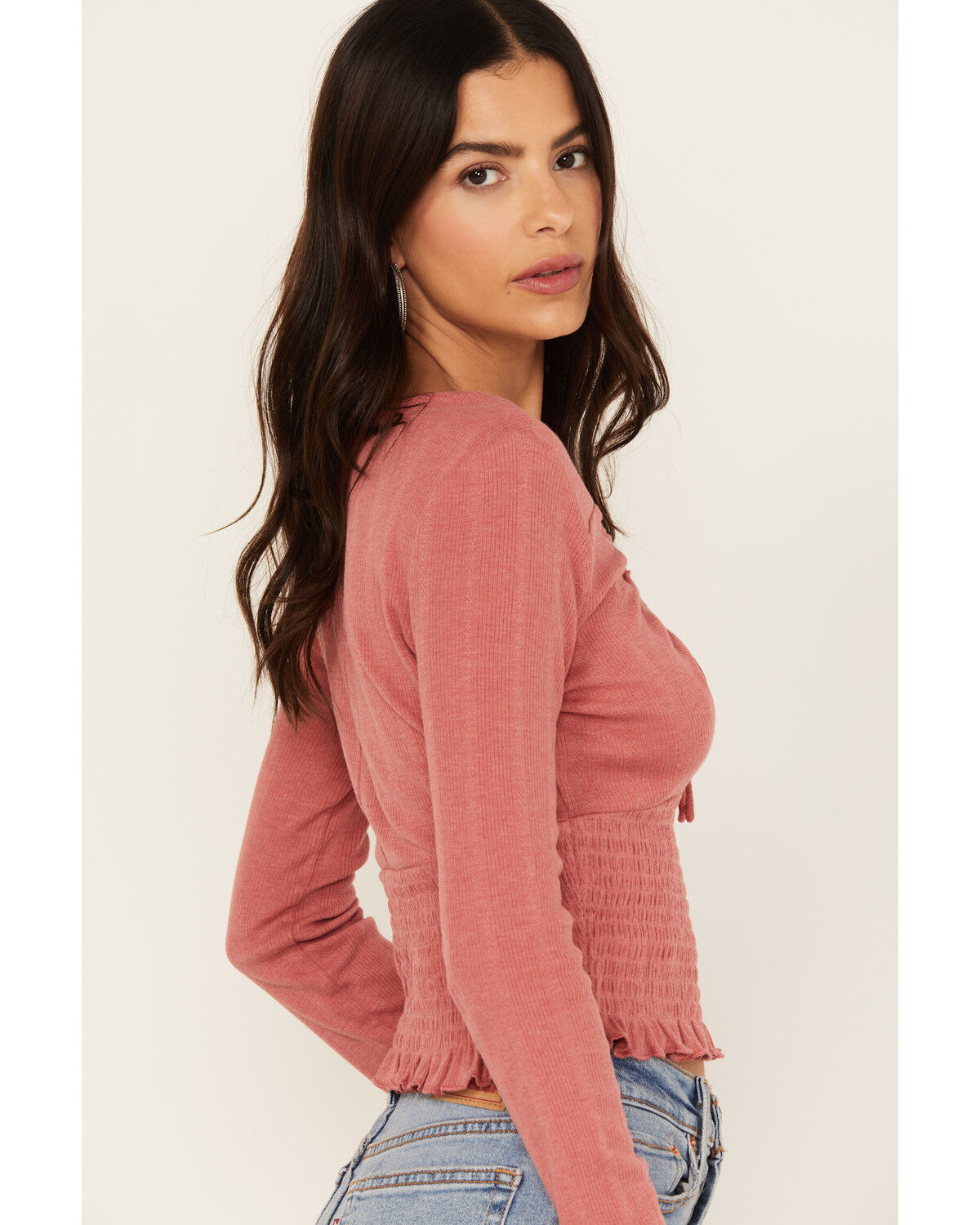Image #2 - Bila Women's Pointelle Reed Long Sleeve Top, Burgundy, hi-res