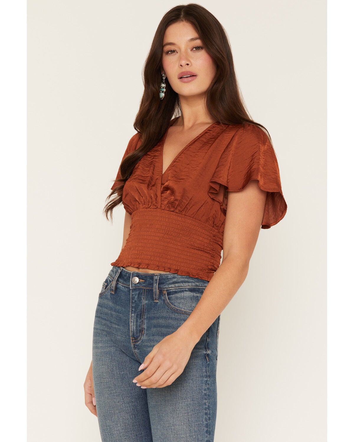 Image #1 - Shyanne Women's Millie Flutter Sleeve Smocked Waist Cropped Top, Brown, hi-res