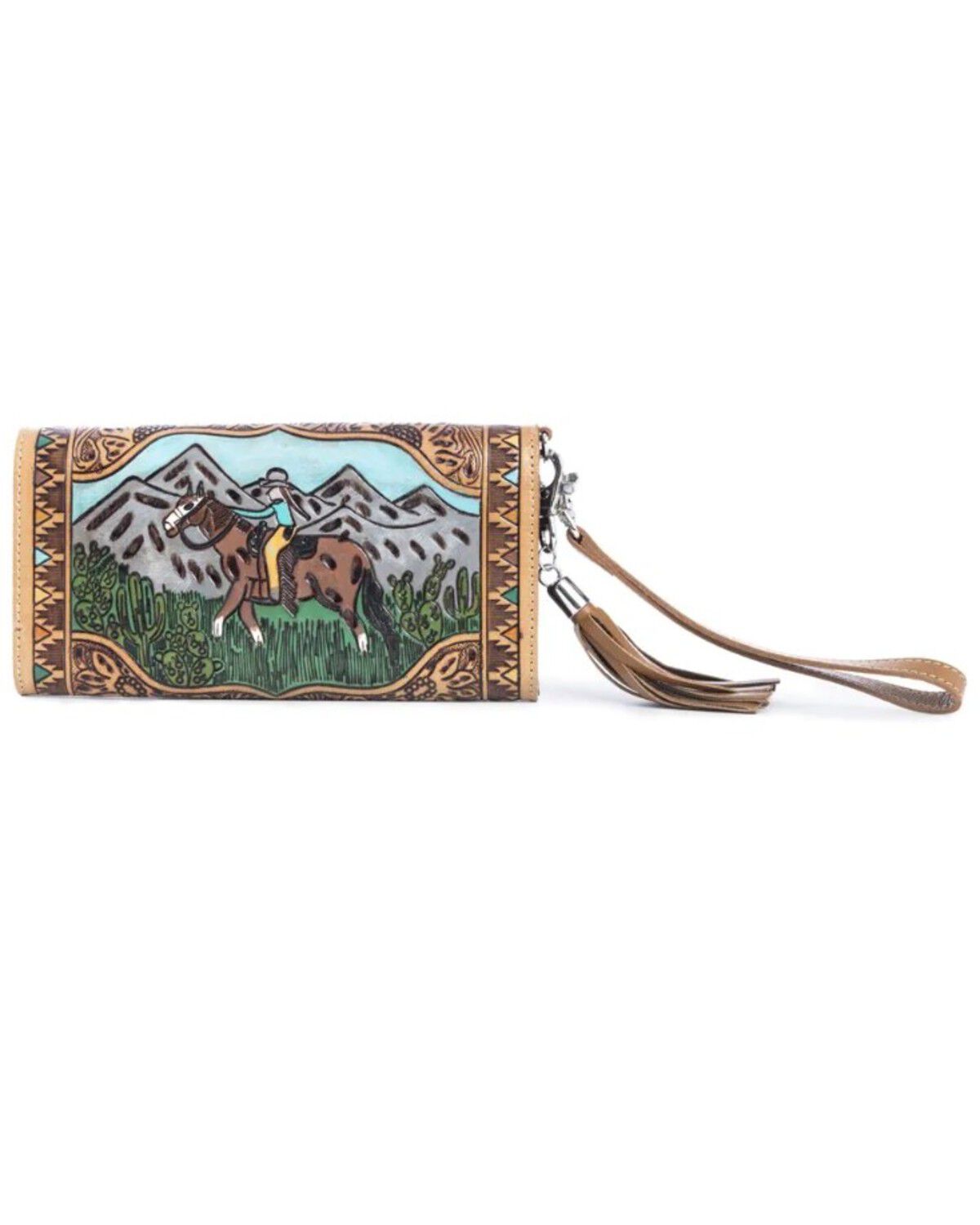 Image #2 - Myra Bag Women's Prairie Pony Mountain Hand Tooled Wallet, Brown, hi-res