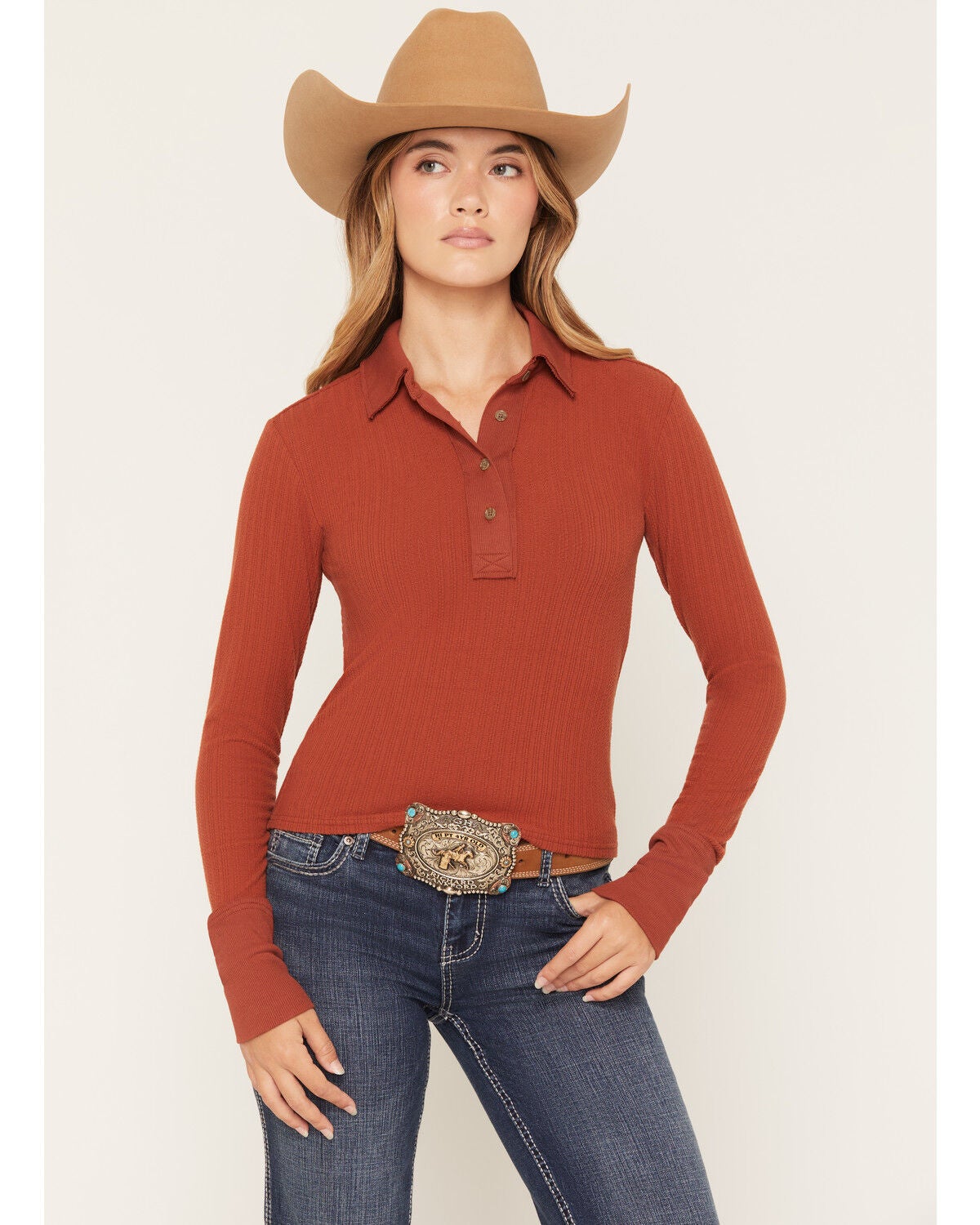 Image #1 - Shyanne Women's Contrast Cuff Collar Long Sleeve Top, Saddle, hi-res