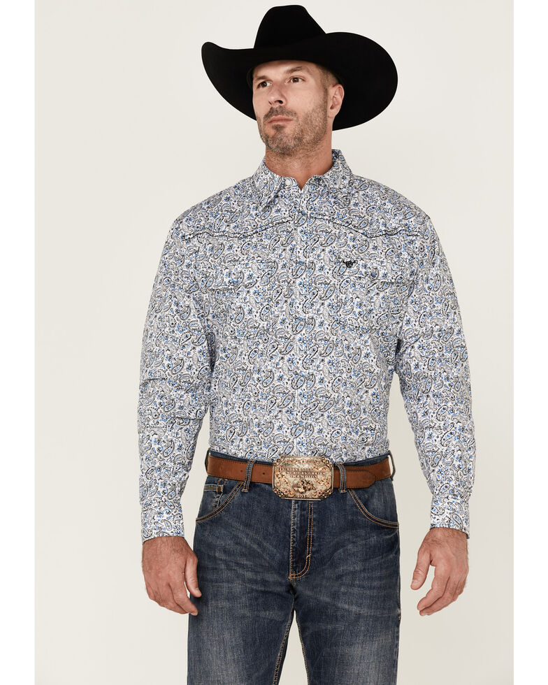 Cowboy Hardware Men's Range Floral Paisley Print Long Sleeve Snap Western Shirt, White, hi-res