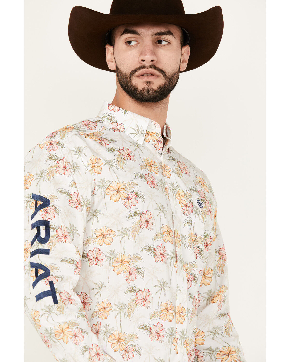 Image #3 - Ariat Men's Team Charlie Floral Print Logo Long Sleeve Button-Down Western Shirt, Natural, hi-res