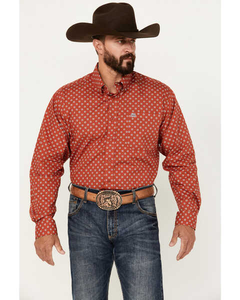 Cinch Men's Geo Print Long Sleeve Button-Down Western Shirt, Red, hi-res