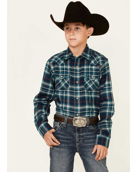 Image #1 - Ariat Boys' Hastings Retro Plaid Long Sleeve Snap Western Shirt , Teal, hi-res