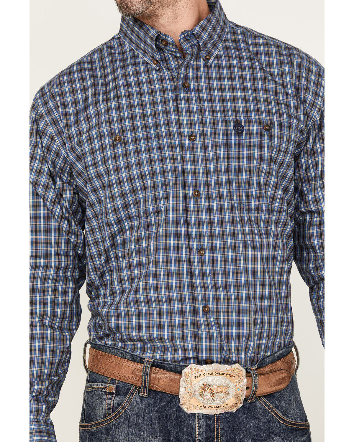 Image #3 - George Strait by Wrangler Plaid Print Long Sleeve Button-Down Western Shirt, Blue, hi-res