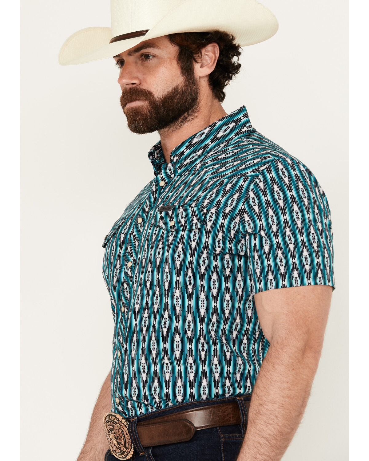 Image #2 - Panhandle Men's Southwestern Print Short Sleeve Snap Western Stretch Western Shirt, Turquoise, hi-res