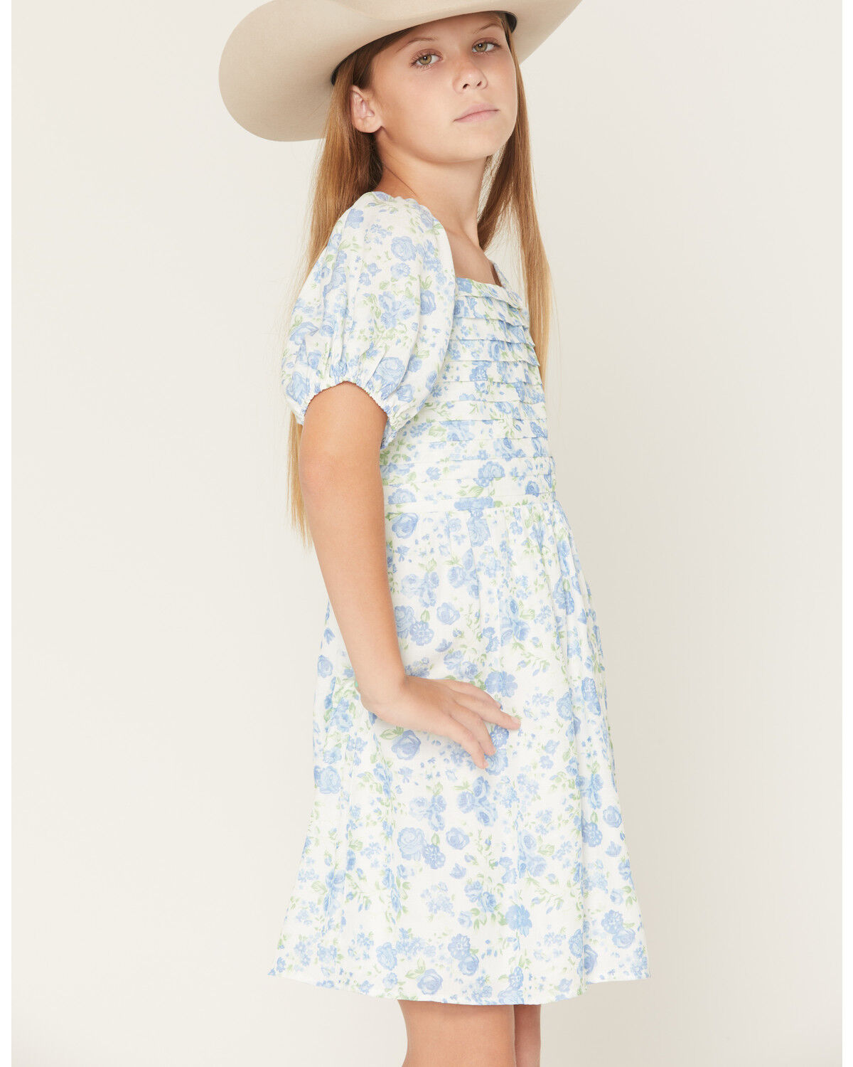 Image #2 - Trixxi Little Girls' Floral Print Puff Sleeve Midi Dress, Blue, hi-res