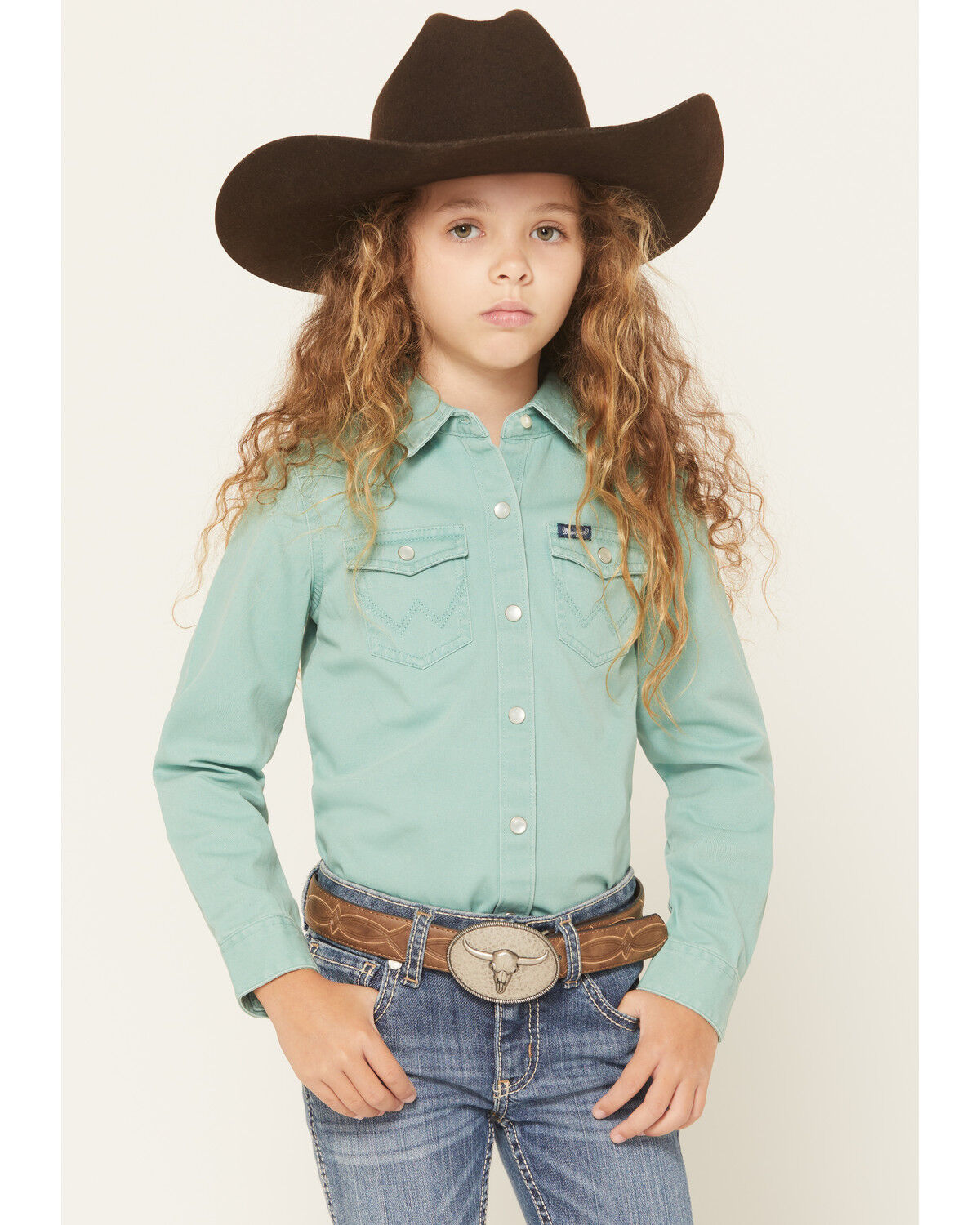 Image #1 - Wrangler Girls' Solid Long Sleeve Snap Western Shirt, Teal, hi-res