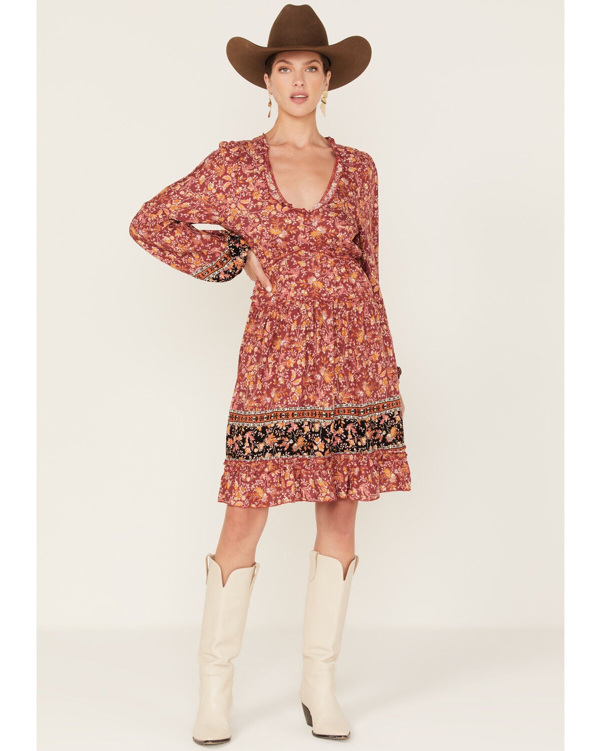 Wild Moss Women's Floral Print Long Sleeve Mini Dress, Rust Copper, hi-res