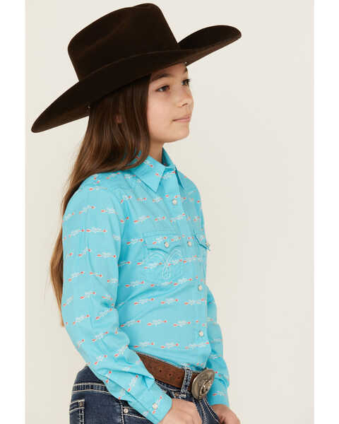 Image #2 - Panhandle Girls' Rodeo Arrow Print Long Sleeve Pearl Snap Western Shirt , Turquoise, hi-res