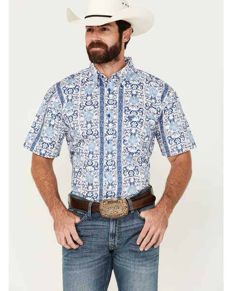 Image #1 - Cowboy Hardware Men's Hawaiian Floral Print Short Sleeve Button-Down Western Shirt, Blue, hi-res
