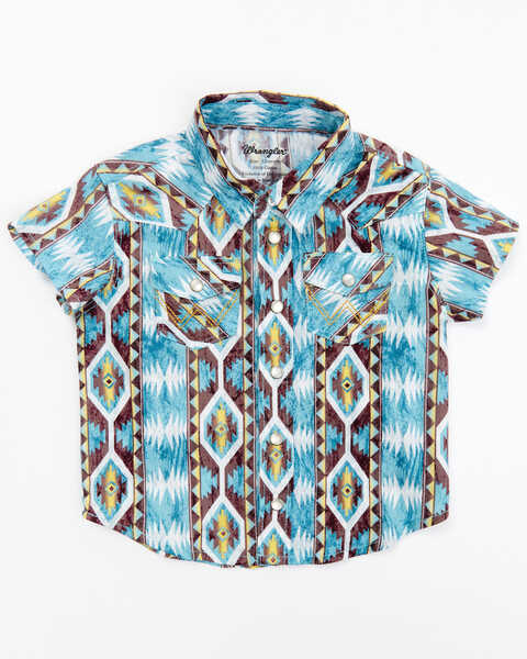 Image #1 - Wrangler Infant Boys' Checotah Print Short Sleeve Western Snap Shirt, Blue, hi-res