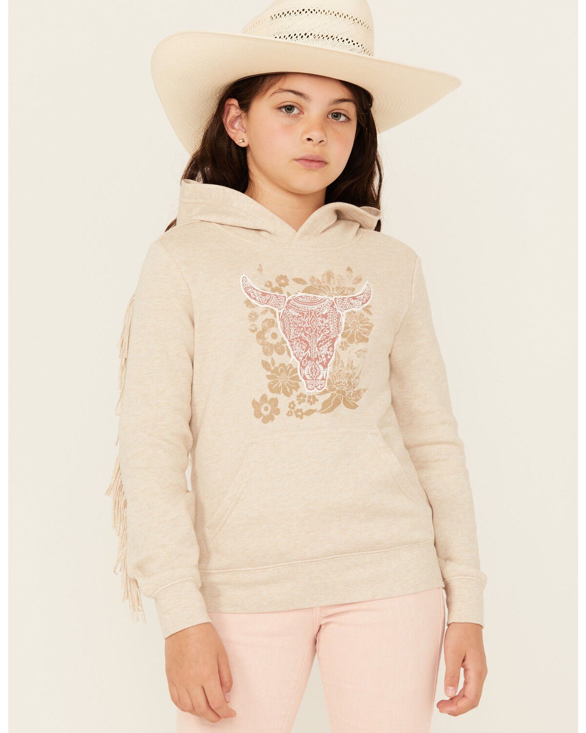 Shyanne Girls' Birch Fringe Graphic Fleece Hoodie, Beige, hi-res