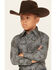 Image #2 - Cowboy Hardware Boys' Bandana Print Long Sleeve Pearl Snap Western Shirt , Charcoal, hi-res
