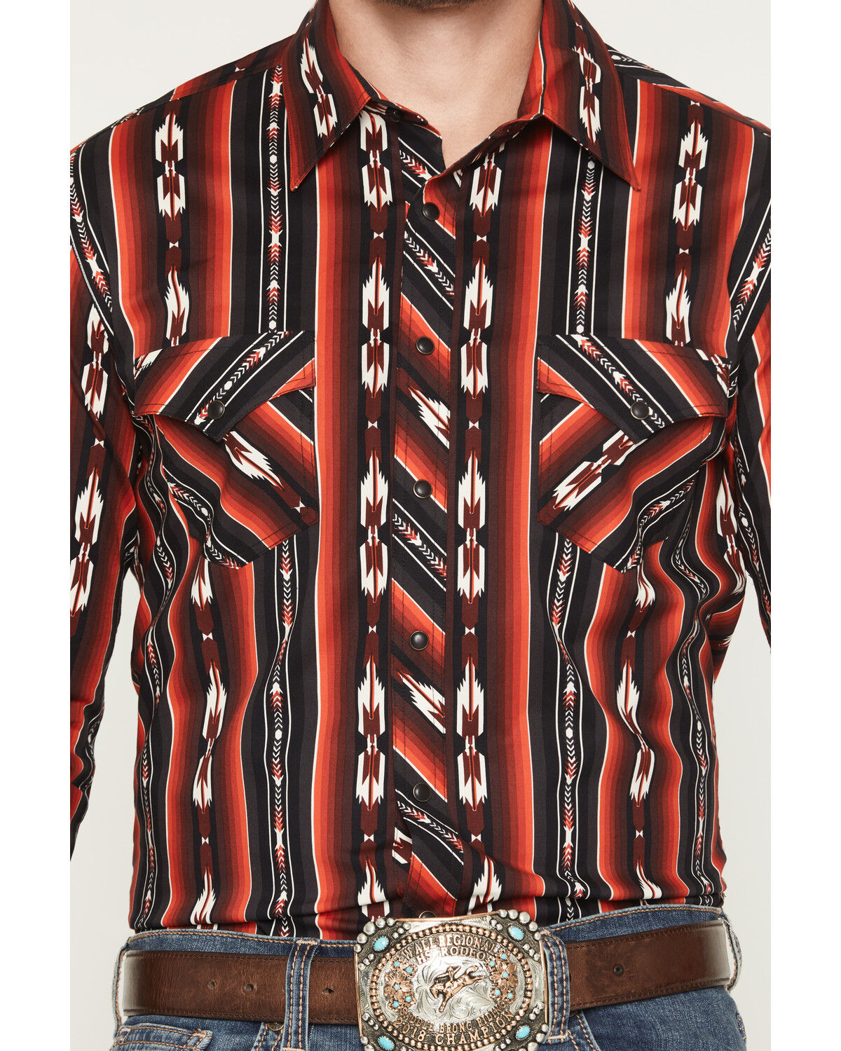 Image #3 - Rock & Roll Denim Men's Southwestern Stripe Long Sleeve Snap Stretch Western Shirt, Burgundy, hi-res