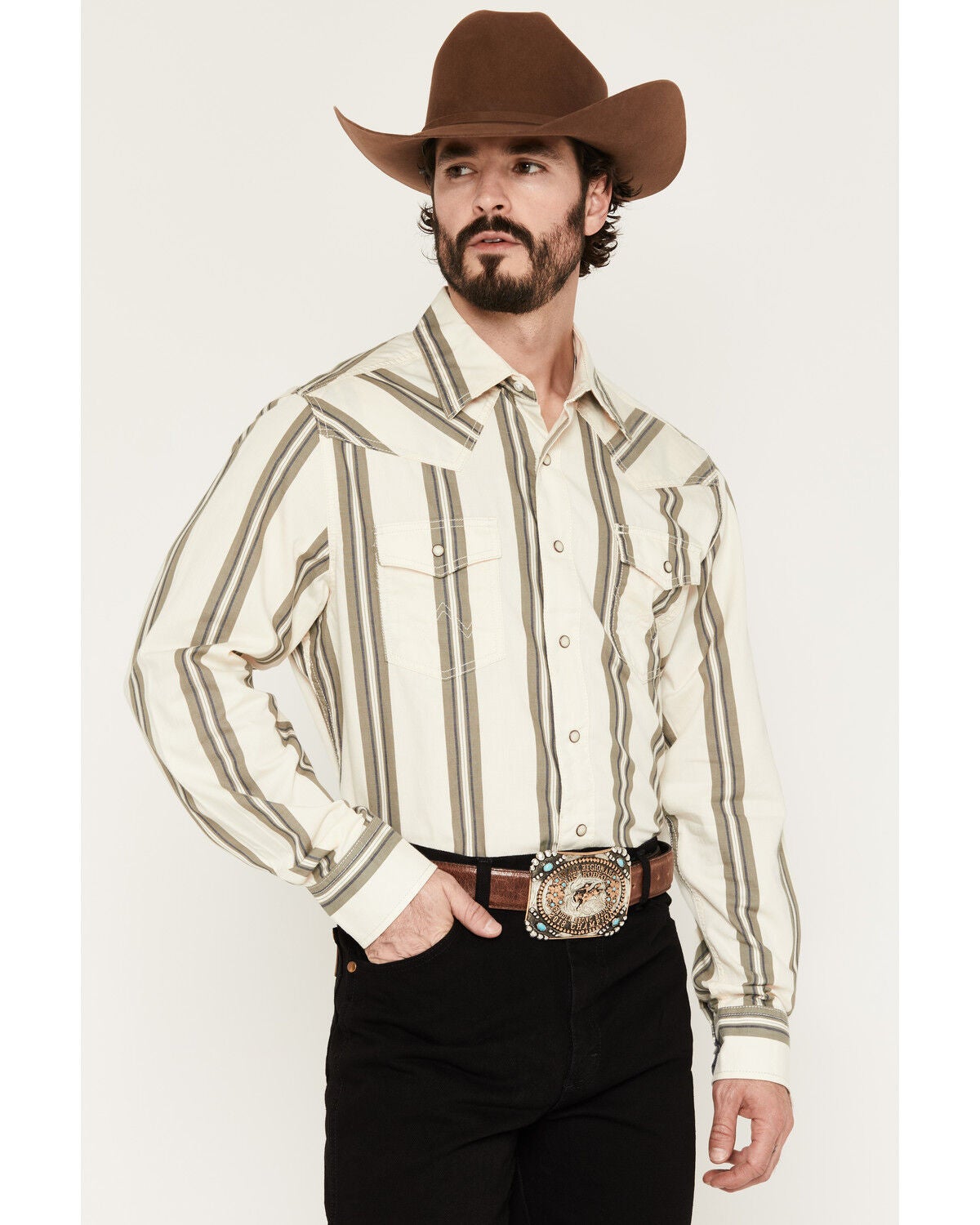 Wrangler Retro Men's Premium Striped Long Sleeve Snap Western Shirt, Cream, hi-res
