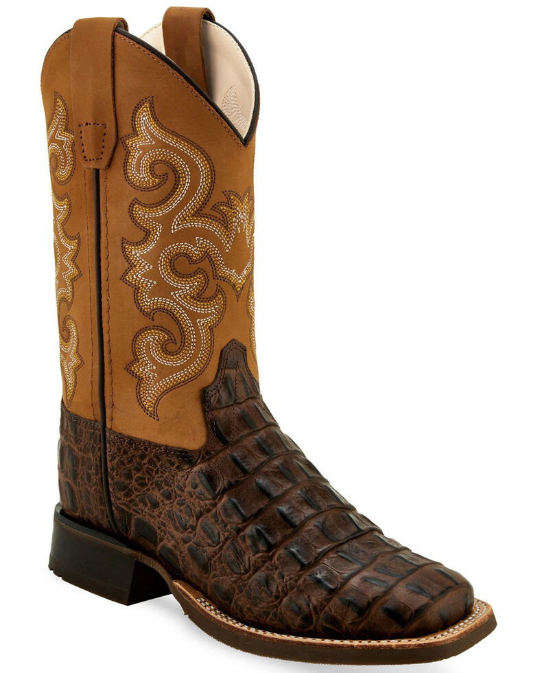Old West Boys' Gator Print Western Boots - Wide Square Toe, Brown, hi-res