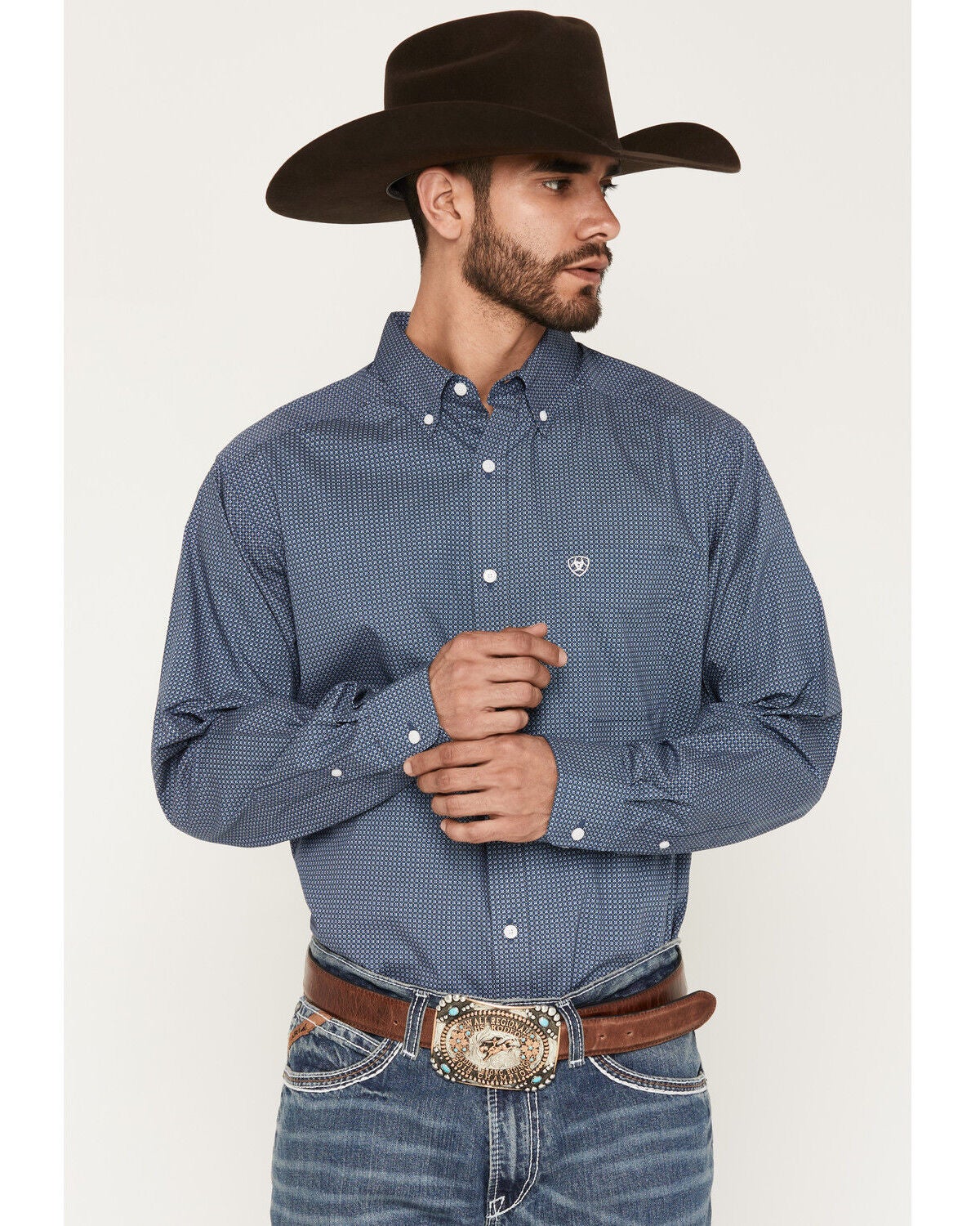 Image #1 - Ariat Men's Boot Barn Exclusive Storm Geo Print Long Sleeve Button-Down Western Shirt - Tall, Blue, hi-res