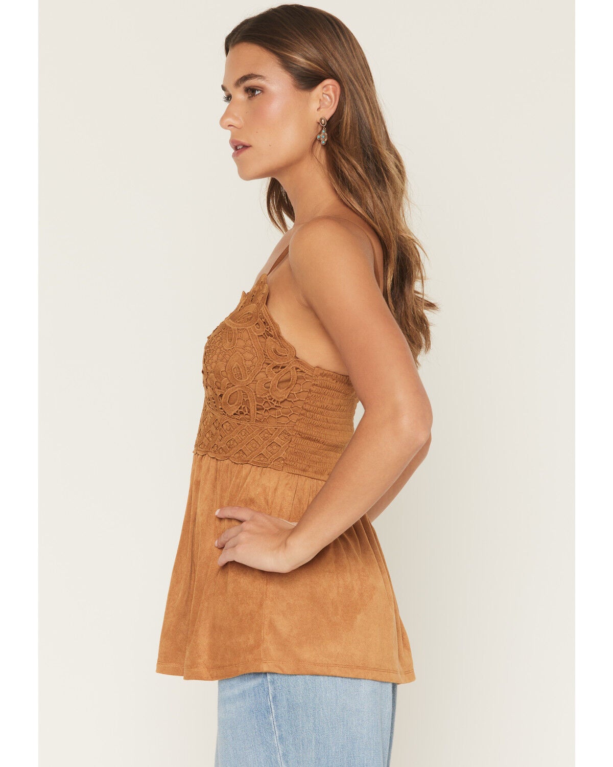 Image #2 - Blue B Women's Sleeveless Faux Suede Lace Bustier Tank, Camel, hi-res