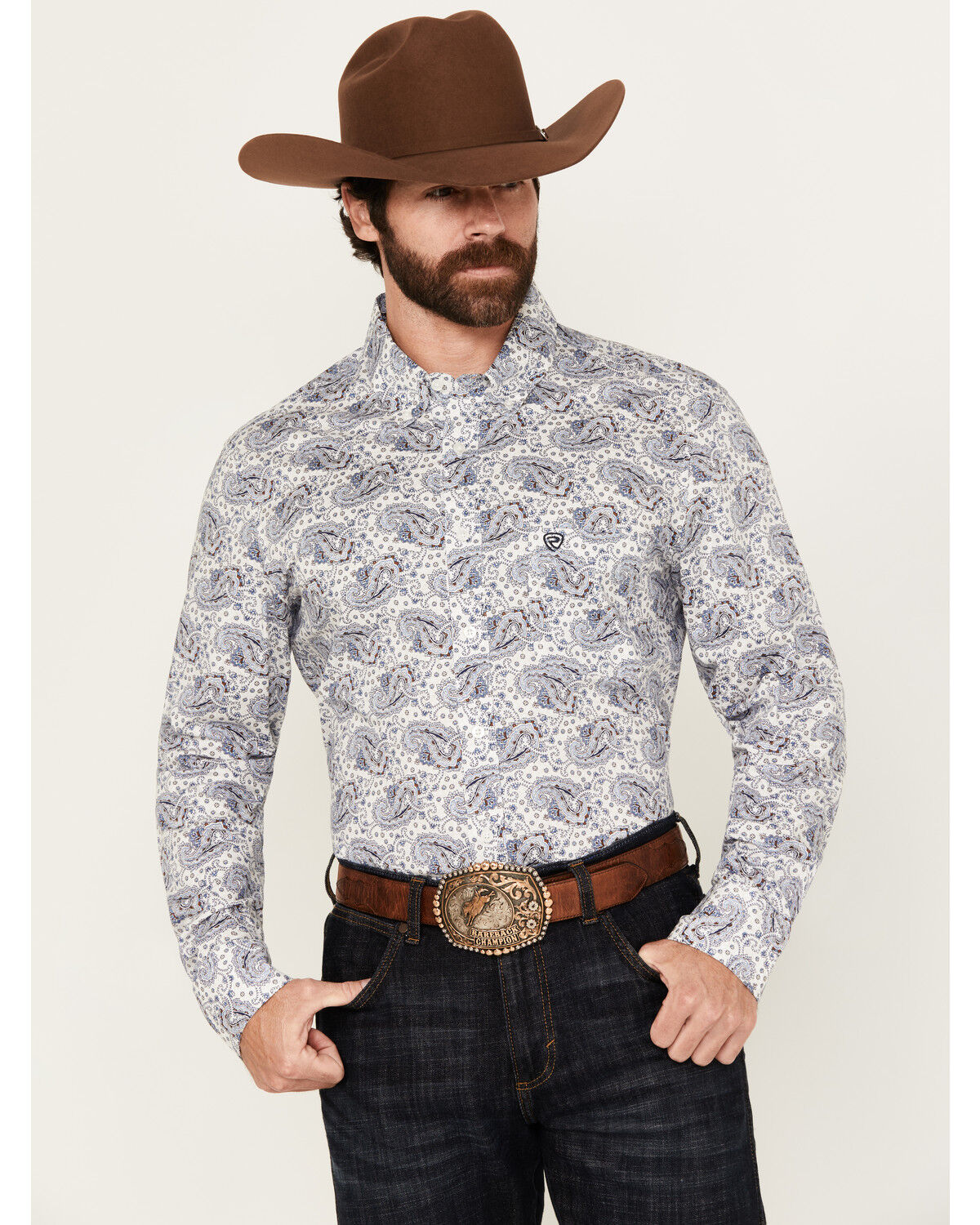 Image #1 - Rock & Roll Denim Men's Paisley Print Long Sleeve Button-Down Stretch Western Shirt, White, hi-res