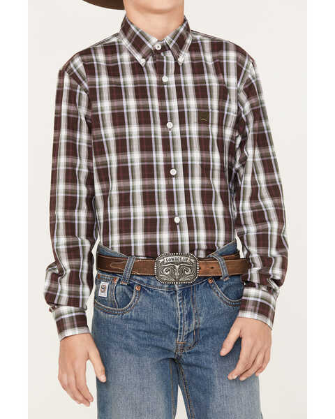 Image #3 - Cinch Boys' Plaid Print Long Sleeve Button-Down Shirt, Brown, hi-res