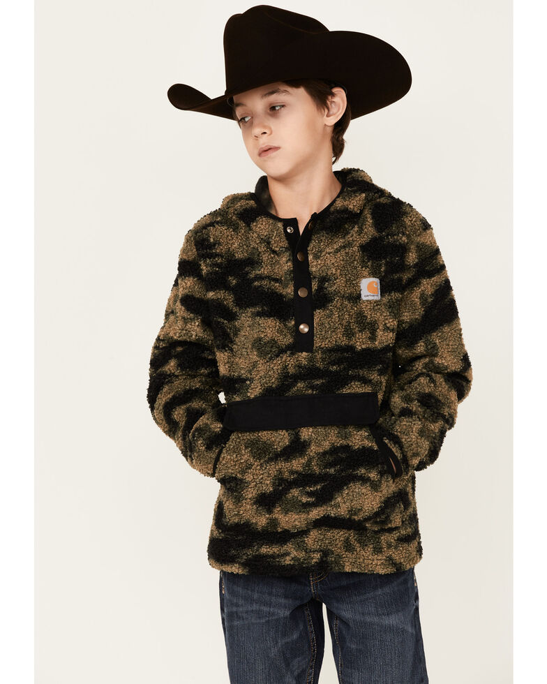 Carhartt Boys Camo Print Heavyweight Knit 1/2 Snap Hooded Pullover, Camouflage, hi-res