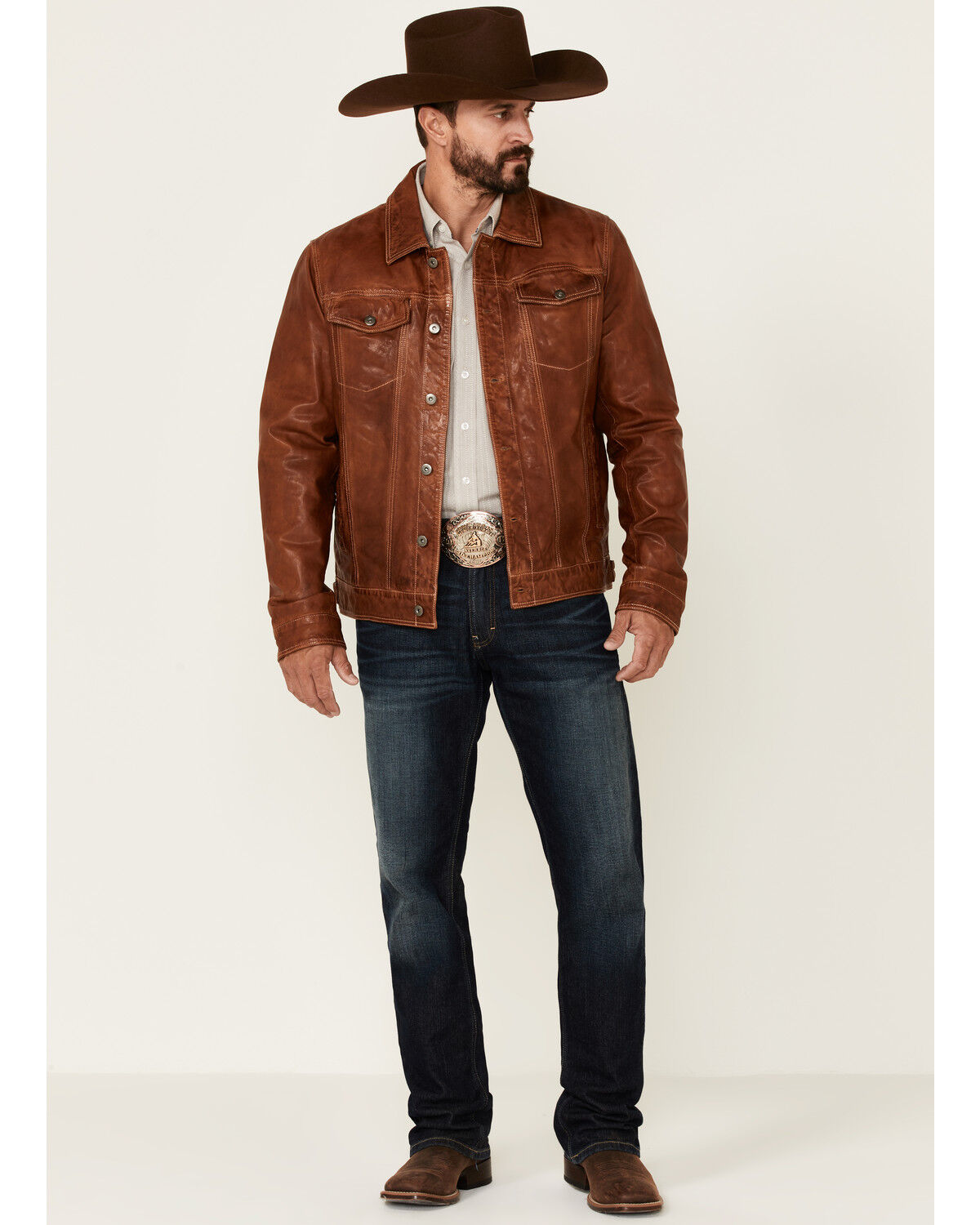 Image #2 - Scully Men's Tan Leather Button-Front Trucker Jacket, Tan, hi-res