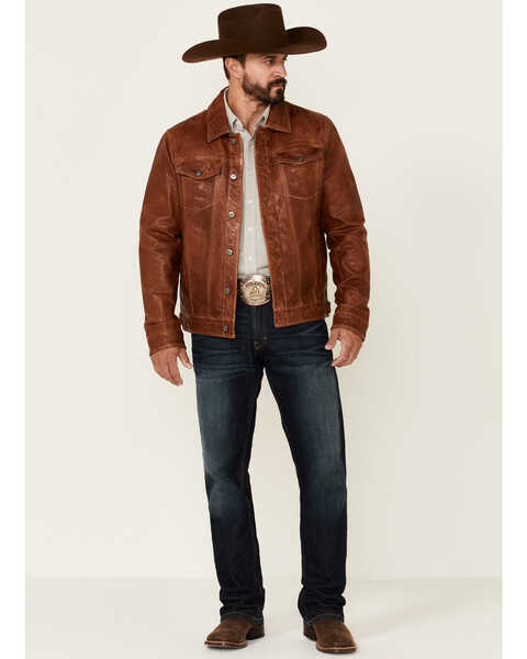 Image #2 - Scully Men's Tan Leather Button-Front Trucker Jacket , Tan, hi-res