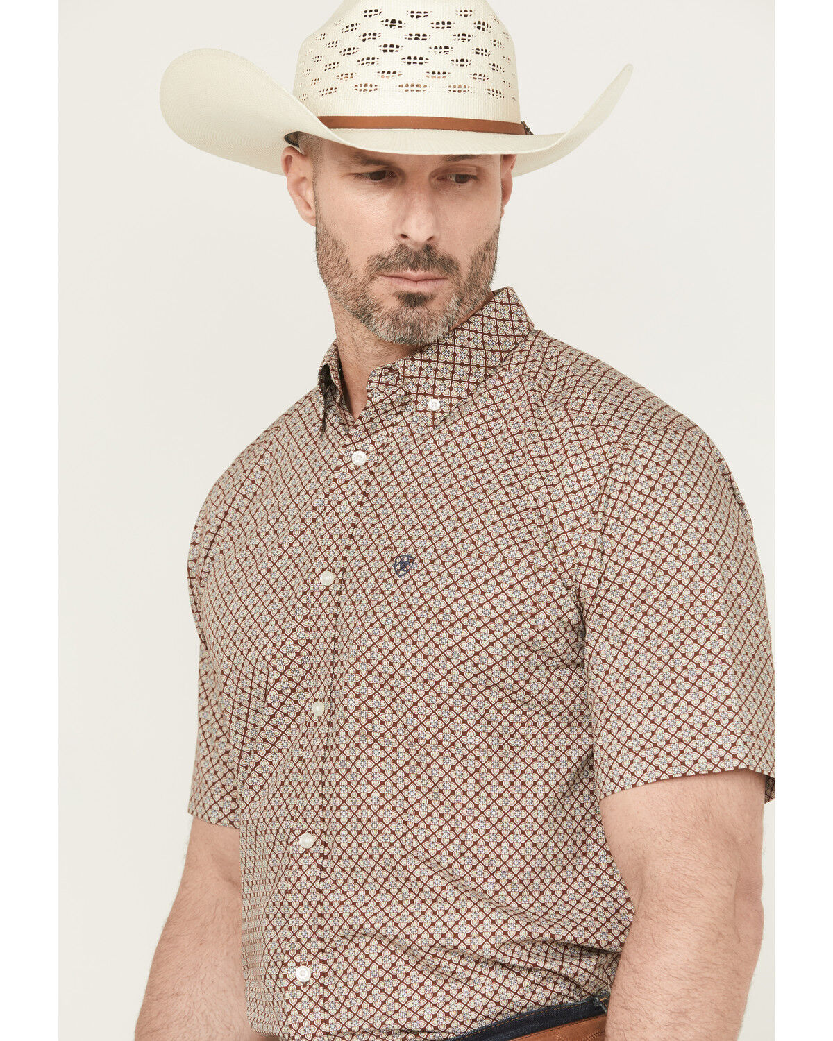 Image #2 - Ariat Men's Carmelo Floral Geo Print Short Sleeve Button-Down Western Shirt, Brown, hi-res
