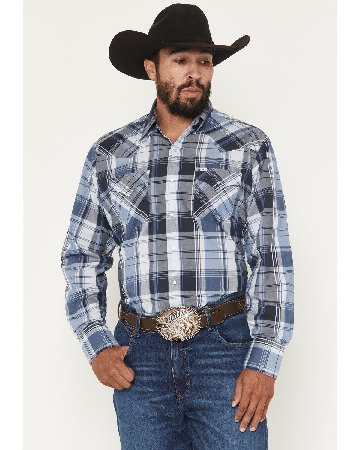 Image #1 - Ely Walker Men's Plaid Print Long Sleeve Pearl Snap Western Shirt - Big, Blue, hi-res