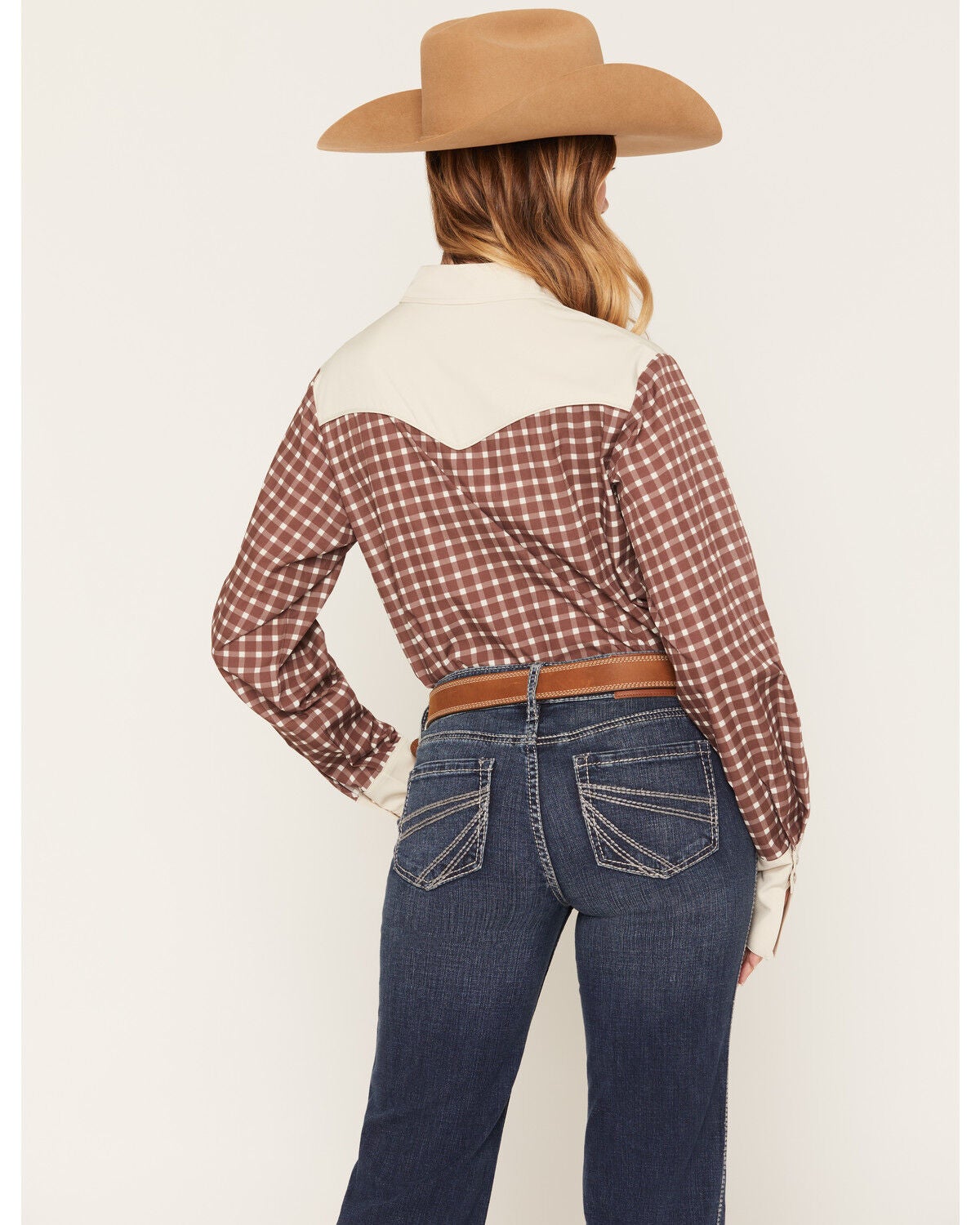 Image #4 - Howdy Hanny Women's Gingham Western Embroidered Long Sleeve Pearl Snap Western Shirt, Brown, hi-res