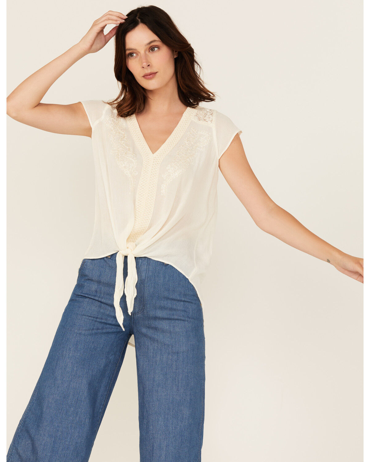 Image #2 - Nostalgia Women's Embroidered Lace Trim Tie-Front Top, Ivory, hi-res