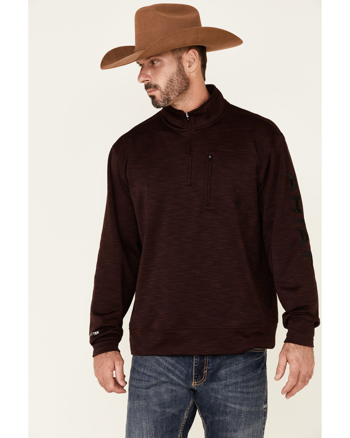 Image #1 - Ariat Men's Solid Malbec Team Logo 1/4 Zip Pullover, Maroon, hi-res