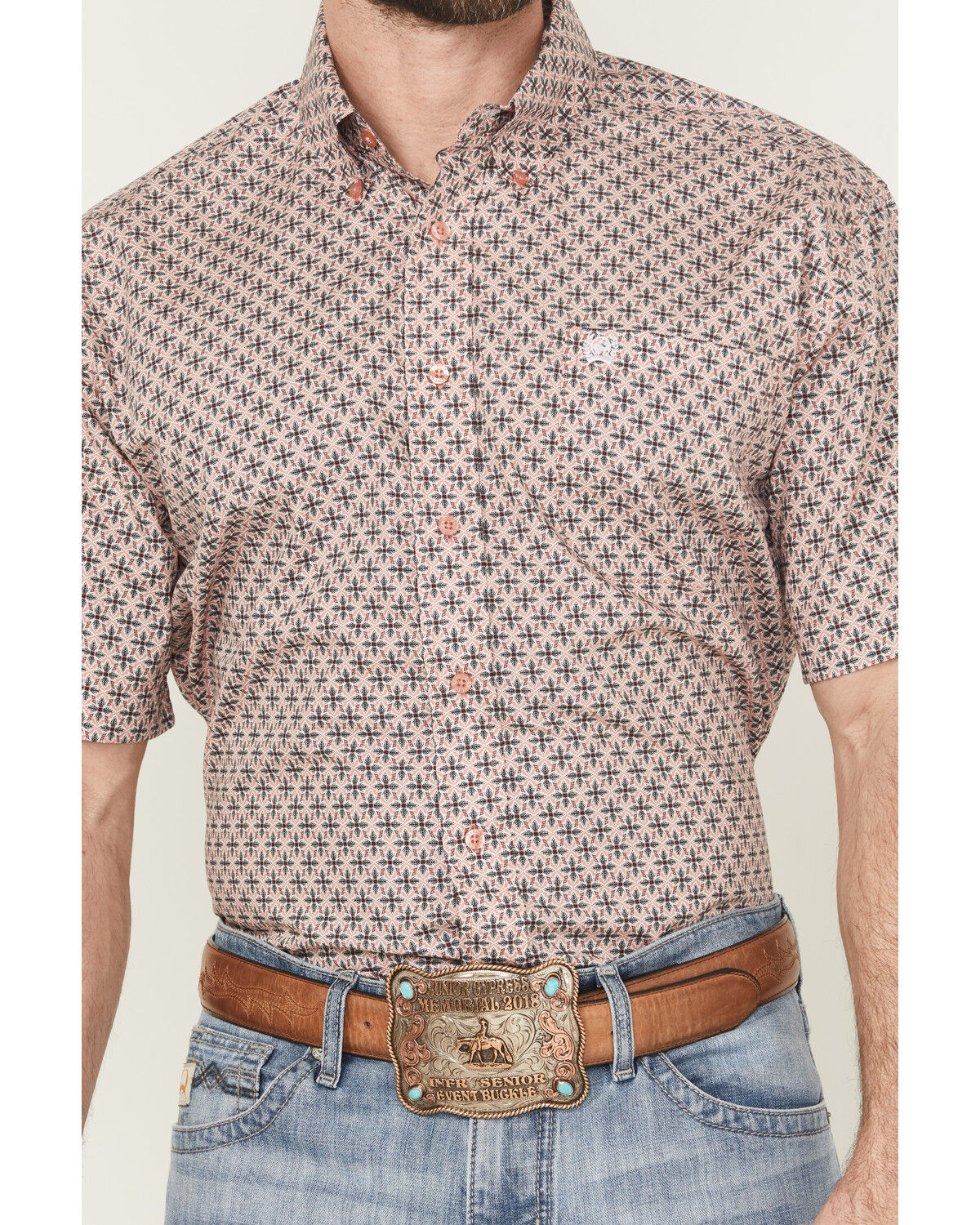 Image #3 - Cinch Men's Floral Geo Print Short Sleeve Button-Down Western Shirt, Pink, hi-res