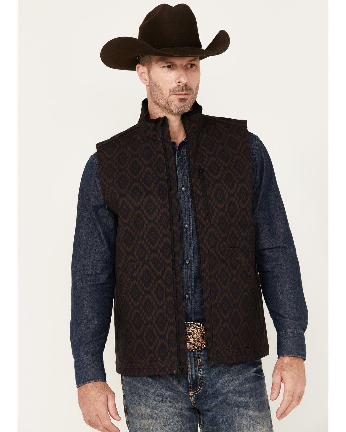 RANK 45&reg; Men's Southwestern Print Softshell Vest, Chocolate, hi-res
