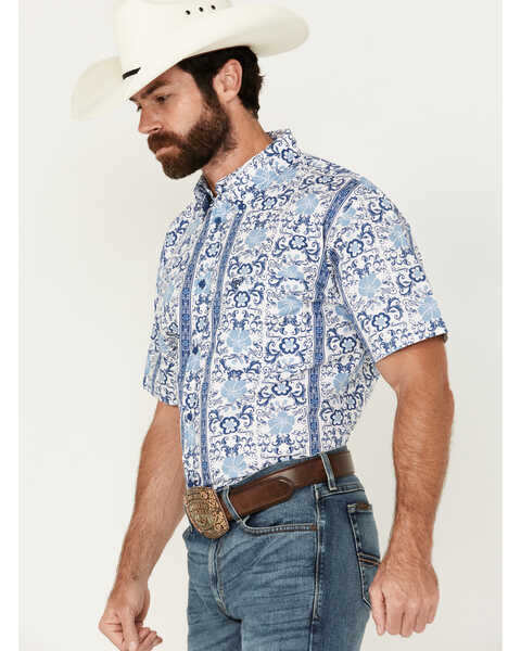 Image #3 - Cowboy Hardware Men's Hawaiian Floral Print Short Sleeve Button-Down Western Shirt, Blue, hi-res