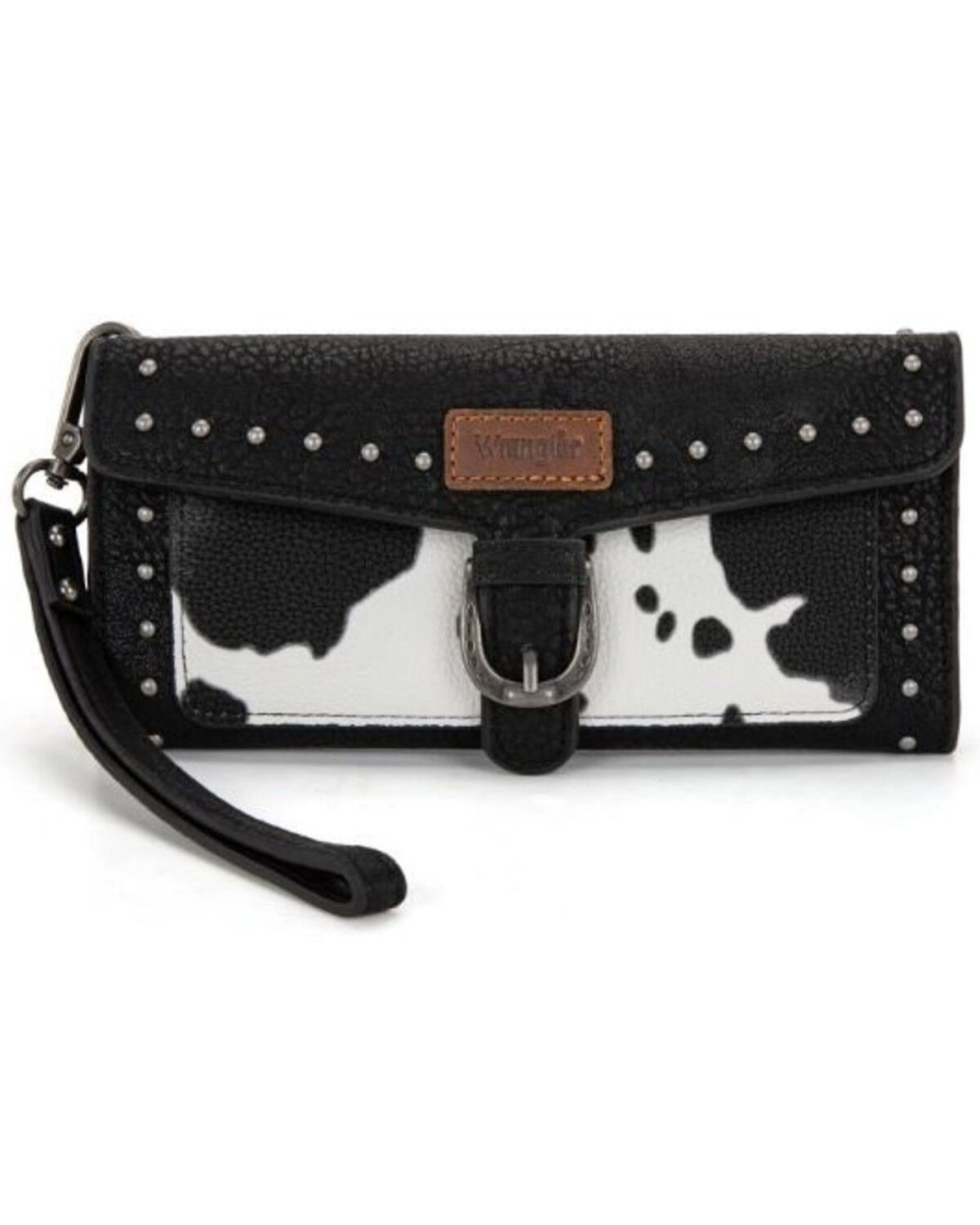 Wrangler Women's Cow Print Tri-Fold Wristlet Wallet, Black, hi-res