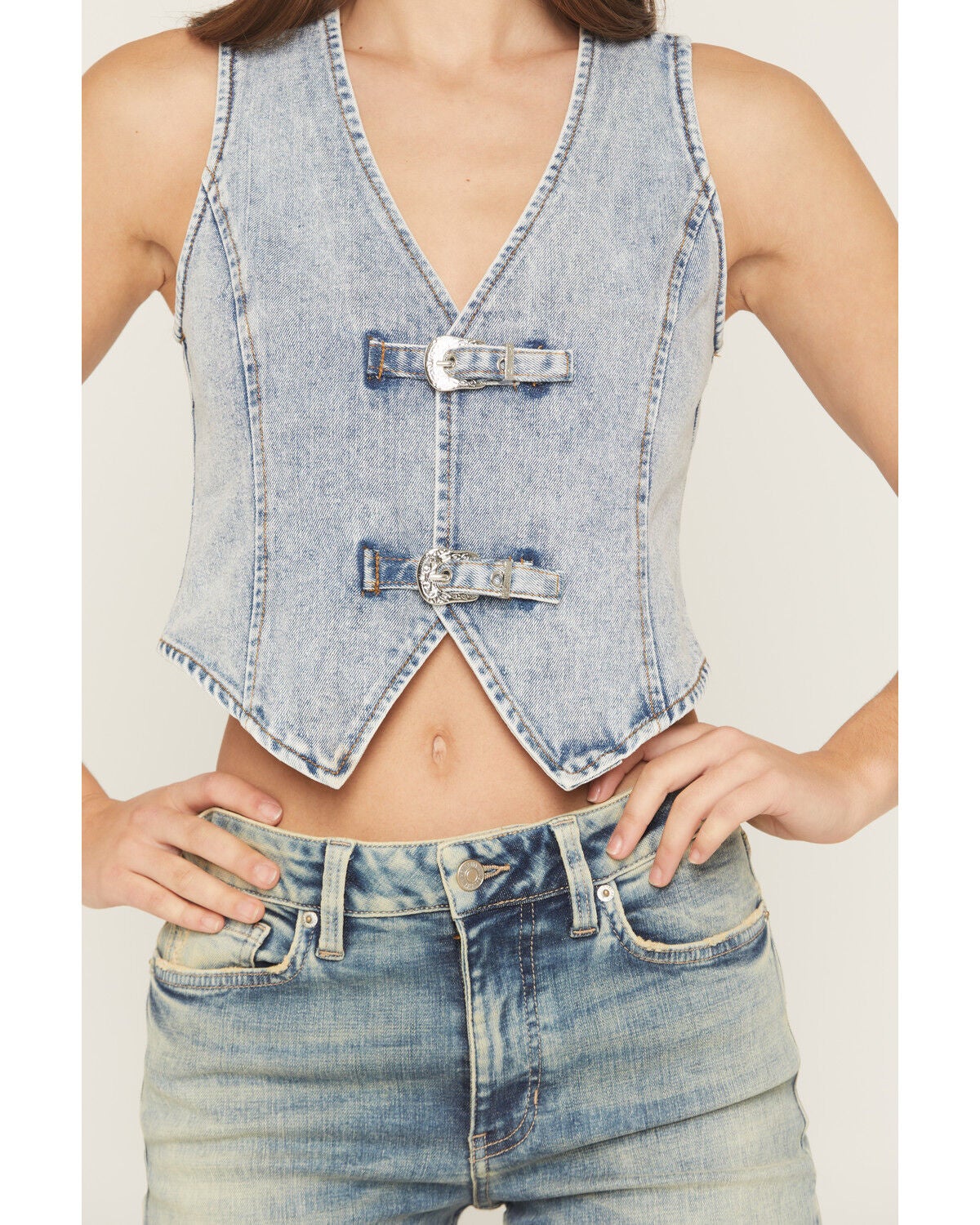 Image #3 - Ashley Women's Boot Barn Exclusive Buckle Front Denim Vest, Light Blue, hi-res