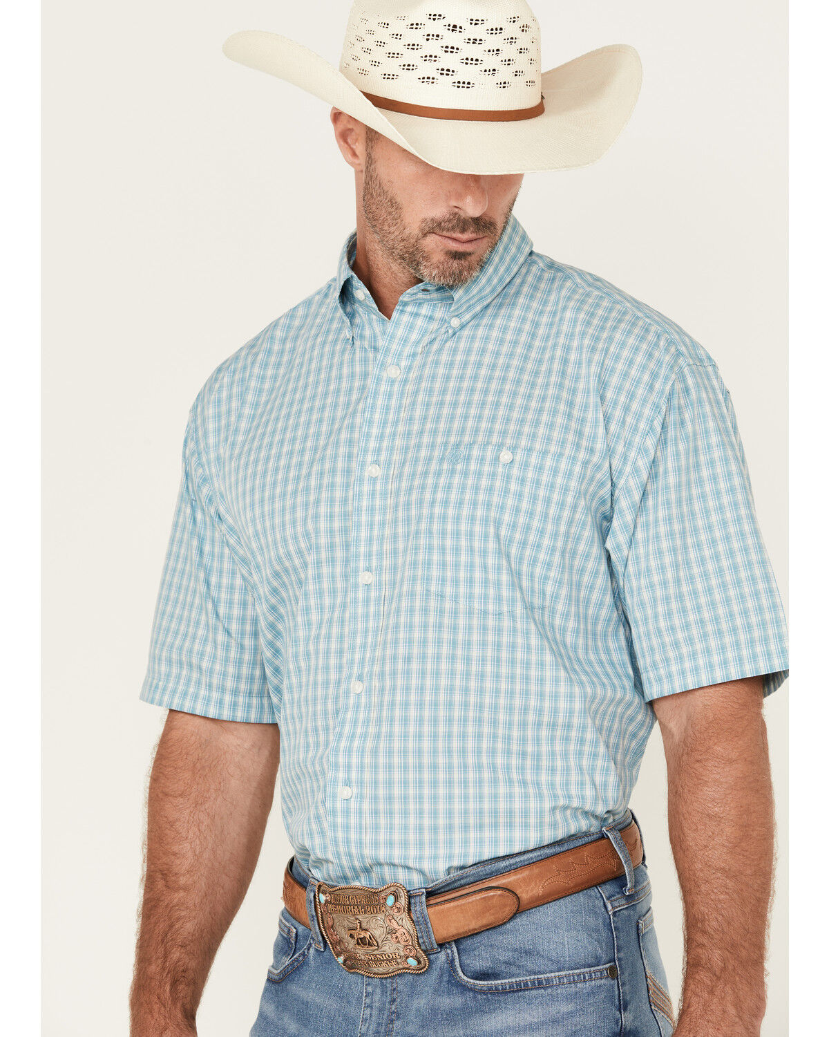 Image #2 - Wrangler Men's Classic Plaid Print Short Sleeve Button-Down Western Shirt, Blue, hi-res