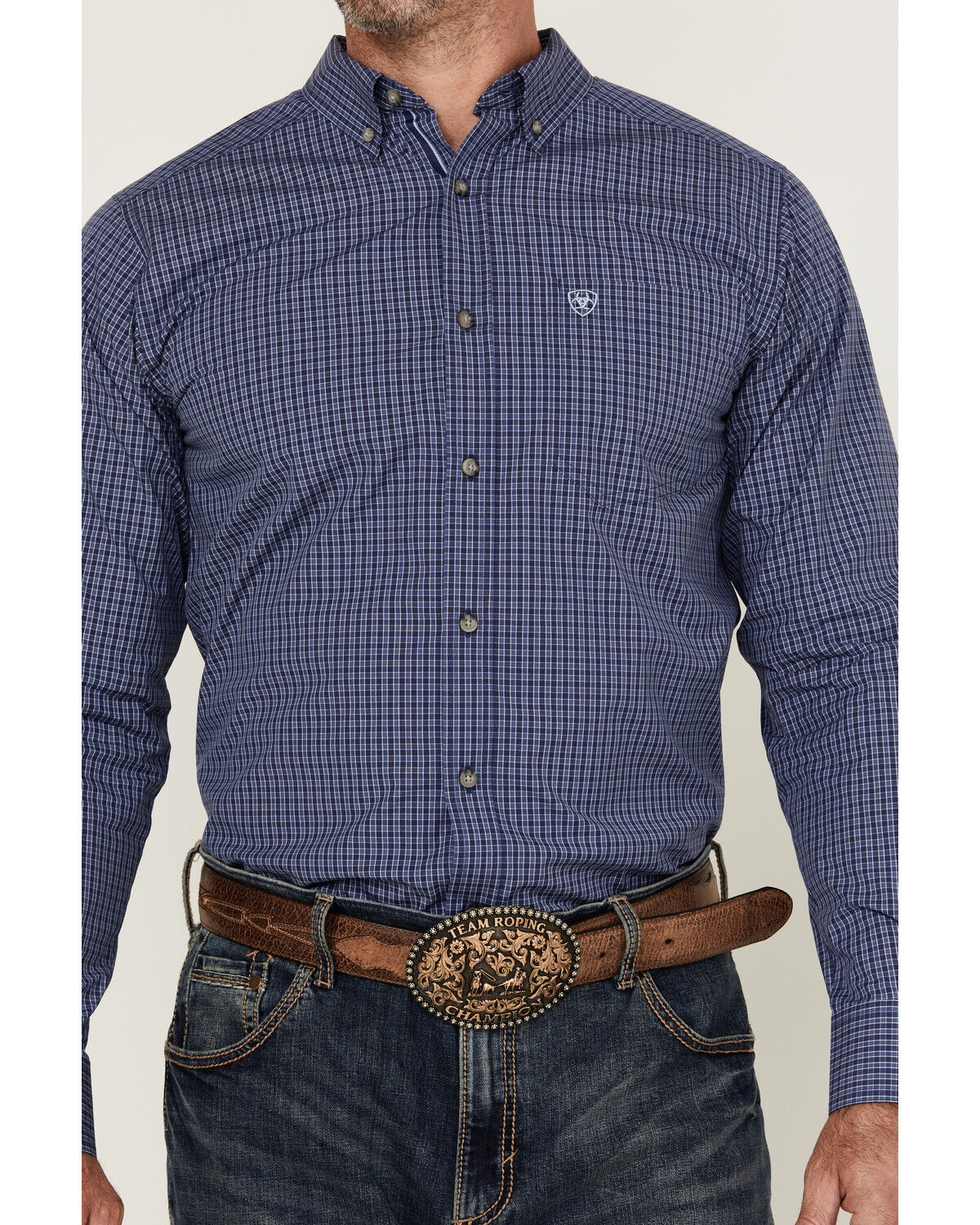 Image #3 - Ariat Men's Calvin Plaid Print Long Sleeve Button-Down Western Shirt, Navy, hi-res