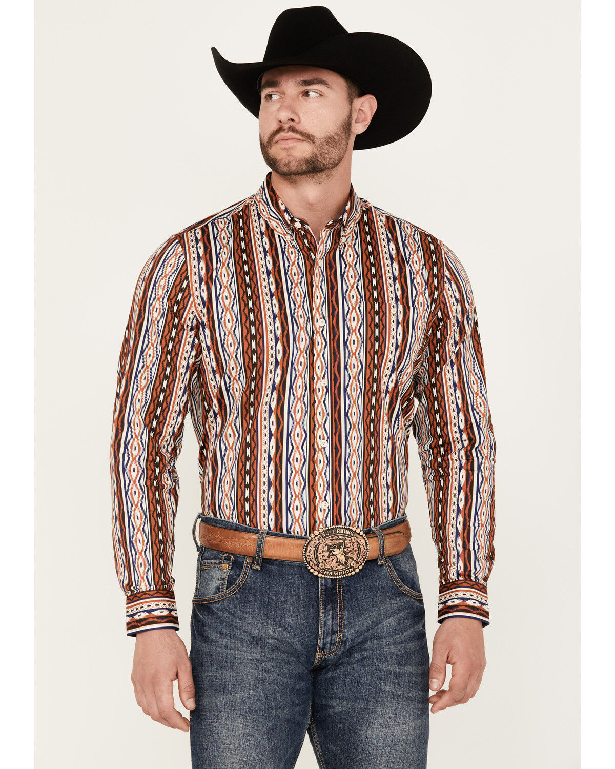Image #1 - RANK 45® Men's Big Sky Southwestern Striped Print Long Sleeve Button-Down Stretch Western Shirt, Brown, hi-res