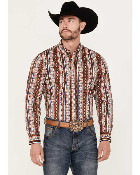 RANK 45® Men's Big Sky Southwestern Striped Print Long Sleeve Button-Down Stretch Western Shirt, Brown, hi-res