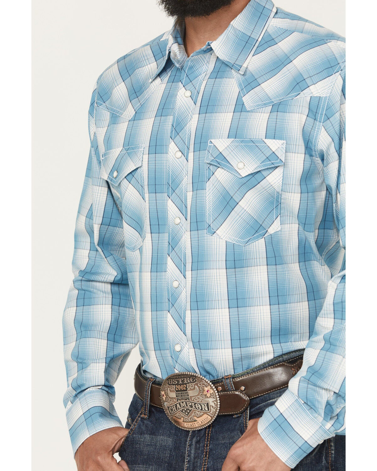 Image #3 - Wrangler 20X Men's Plaid Print Long Sleeve Snap Stretch Western Shirt, Blue, hi-res