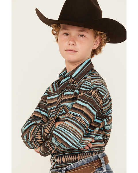 Image #2 - Rock & Roll Denim Boys' Southwestern Stripe Print Long Sleeve Snap Western Shirt, Teal, hi-res